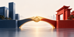 Illustration of a handshake forming a bridge between a Western business district and a Chinese gateway, symbolising trust as the key to entering the China market.