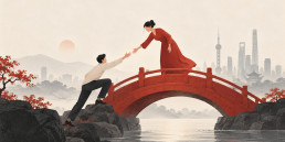 Altruism as a China Marketing Strategy: illustration of a woman helping a man onto a red bridge, with a Chinese city skyline behind them, symbolising trust and helping before selling.